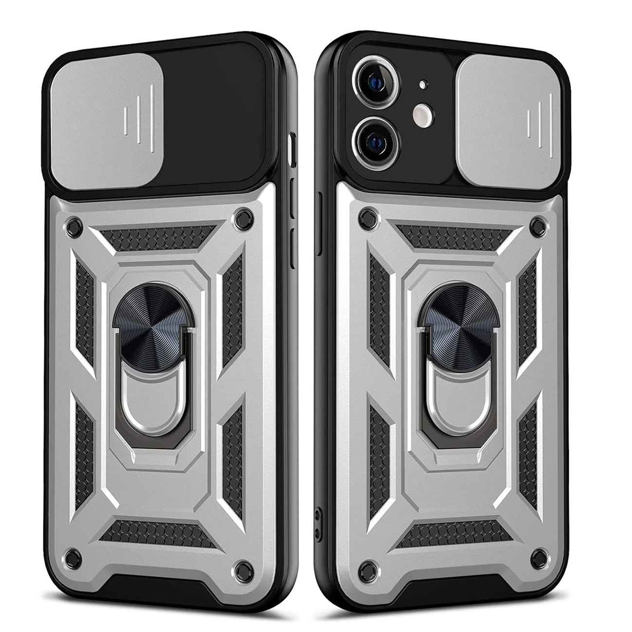 Kickstand Ring Holder with Slide Camera Cover TPU Shockproof Case and Magnetic Car Mount for APPLE IPHONE 12/IPHONE 12 PRO In Silver